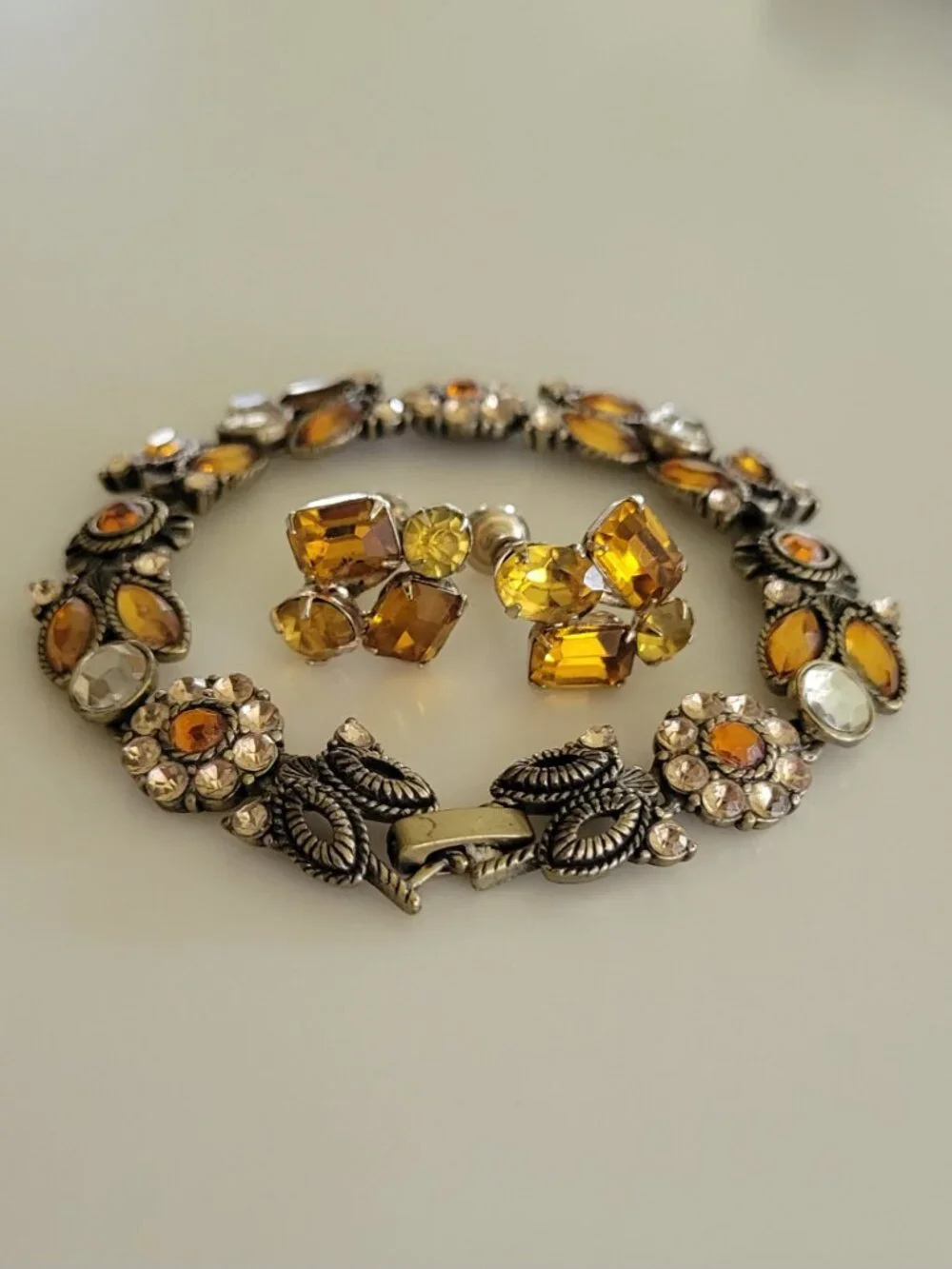 1960s Amber Rhinestone Bracelet & Matching Screw Back Earrings Set MCM Jewelry